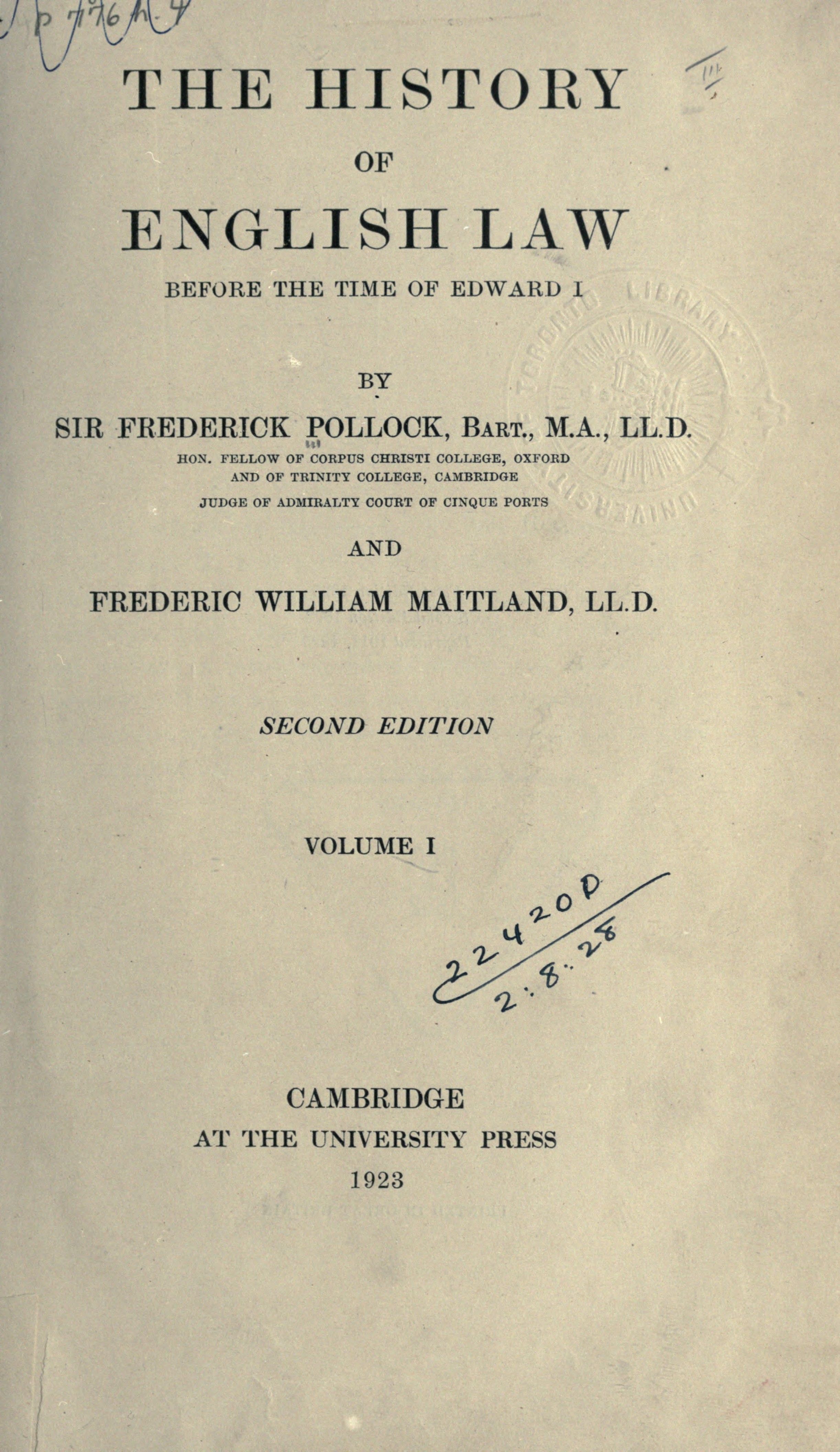 The history of English law before the time of Edward I cover