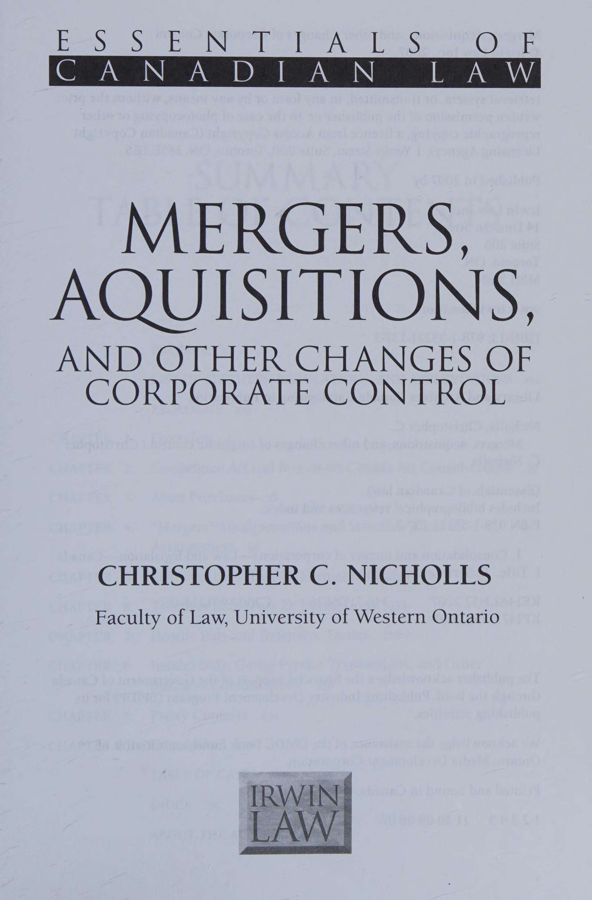 Mergers, acquisitions, and other changes of corporate control cover
