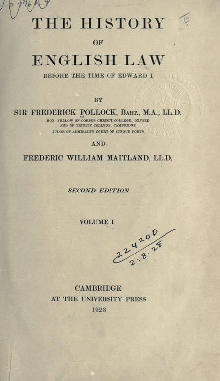 The history of English law before the time of Edward I cover